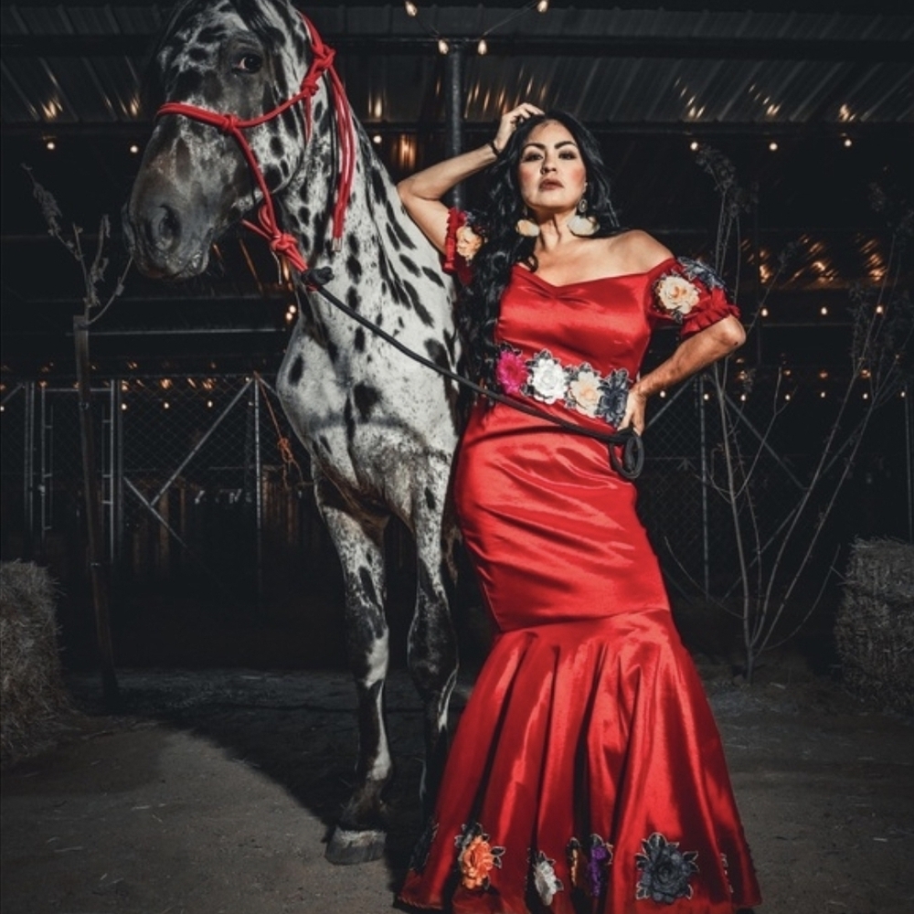 Elegant Red Off-Shoulder Gown with Floral Accents